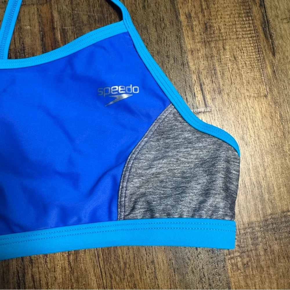 EUC Speedo Digi Zigzag Heather‎ Bikini Top Blue Gray Kids Size 14 Athletic Swim